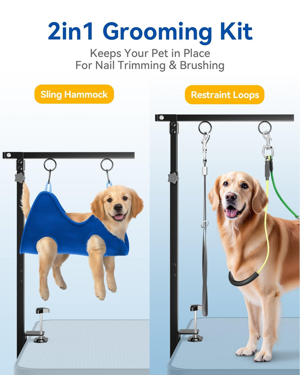 Adjustable Foldable Dog Grooming Arm with Clamp, 26–40 in Height, Safety Hammock & No-Sit Holders, Grooming Restraint for Small & Medium Dogs