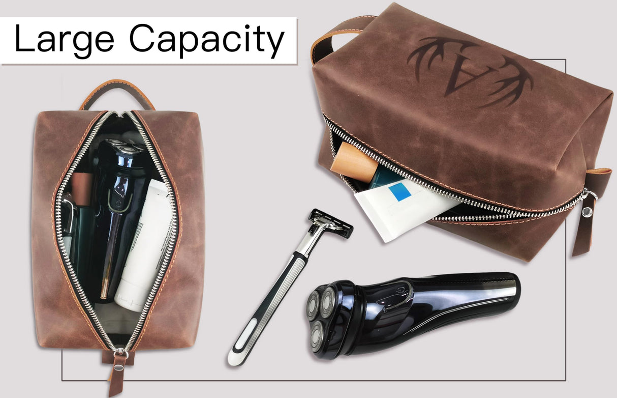 Aganmi Personalized Fathers Day Birthday Gifts for Men Father New Dad Papa Elderly Dad Travel Toiletry Bag Initial PU Leather Shaving Bag for Toiletries Accessories Travel Essential Storage Bag (C)