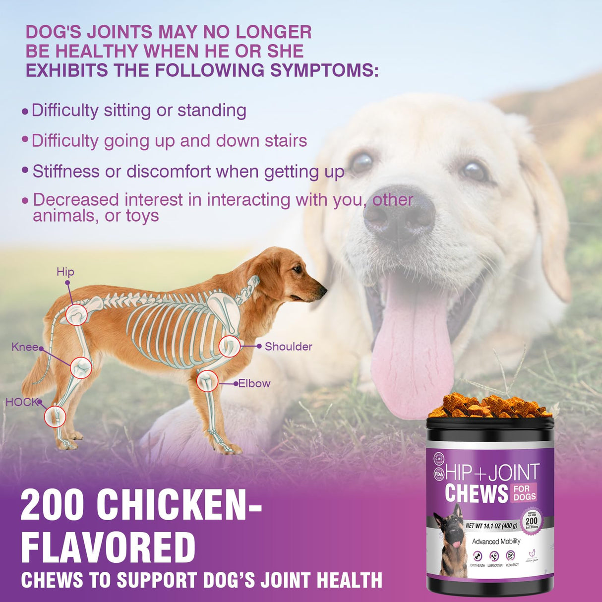 Glucosamine for Dogs 200pcs Joint Support Supplement Dog Hip and Joint Chondroitin Chews Treats with MSM Dog Joint Pain Relief Mobility Supplements Chicken Flavor Fit All Large Small Medium Breed