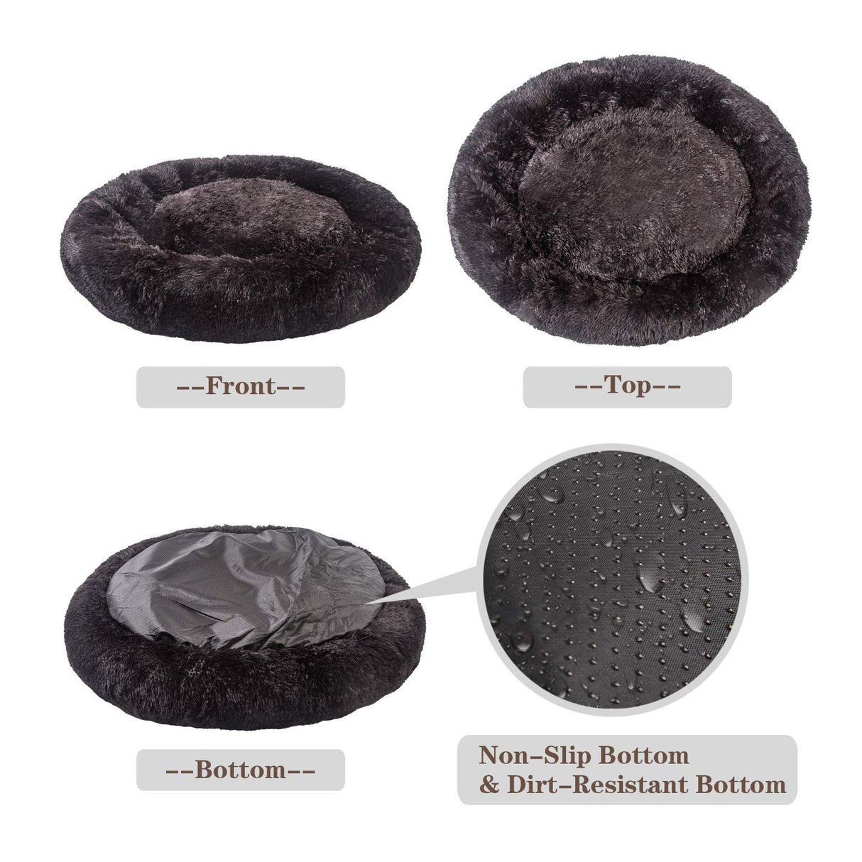 MFOX Calming Dog Bed for Large Dogs - Donut Washable Large Pet Bed, 36 inches Anti-Slip Round Fluffy Plush Faux Fur Dog Bed, Fits up to 75 lbs Pets, Black