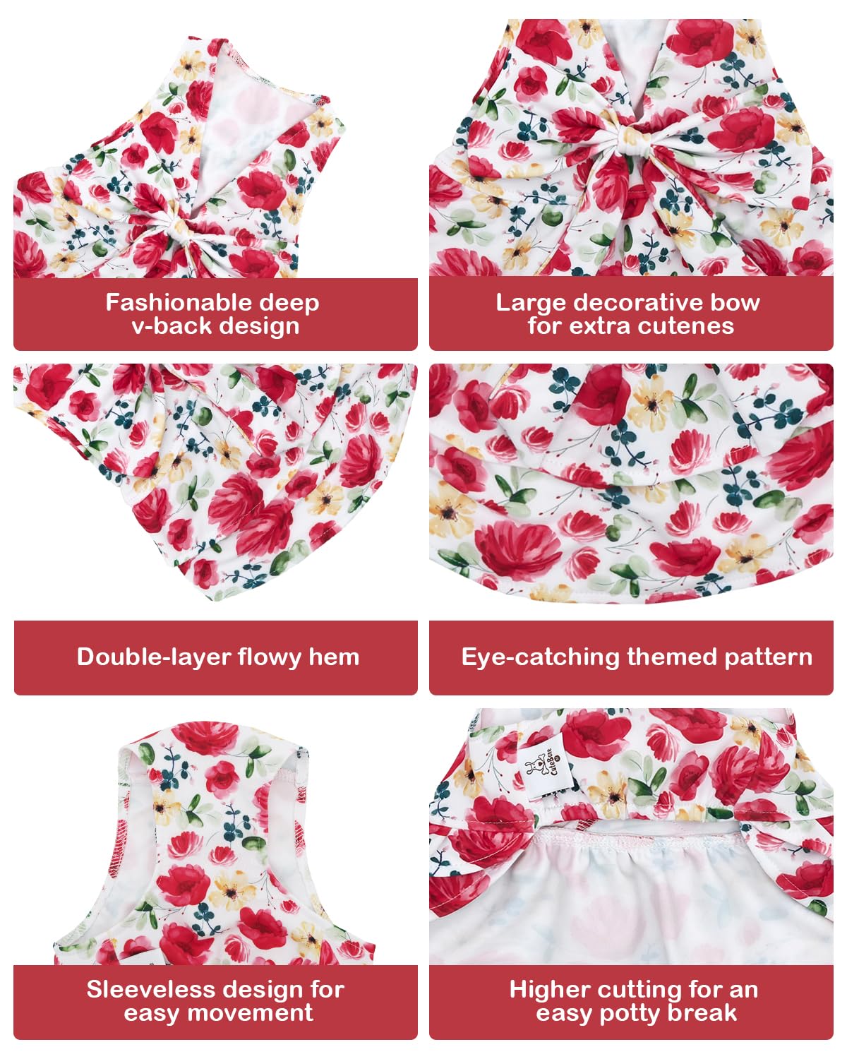 CuteBone UPF50+ Dog Dresses for Small Dogs, Summer Sleeveless Deep V-Back Pet Dress with Big Bow, Breathable Swimwear Fabric, Cooling Stretchy Puppy Clothes for Outdoor Wedding Party Beach DV02L