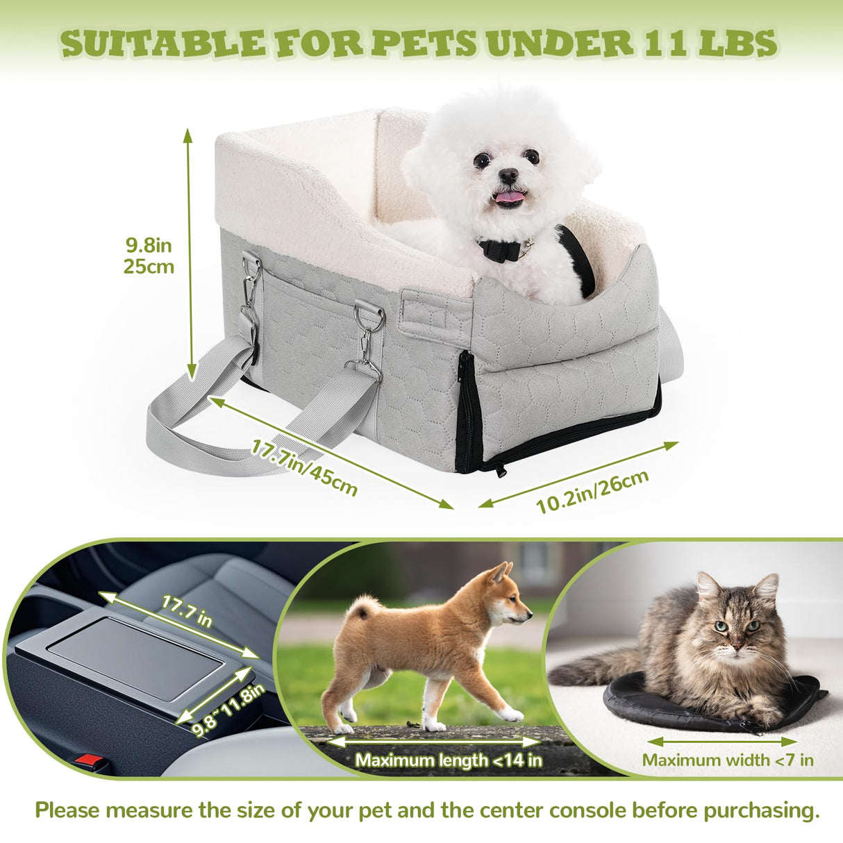 AtawLege Center Console Dog Car Seat, Detachable Washable Dog Booster Seat, Adjustable Safety Belts and Built-in Leash Pet Carseat, Portable Puppy Travel Carrier with Cushion for Small Dogs Cats(Gray)