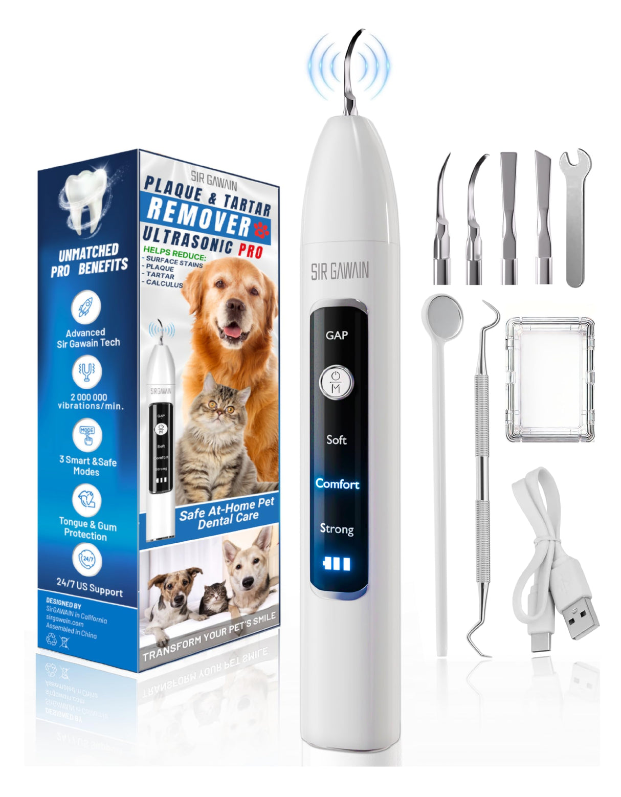 SIRGAWAIN Pet Ultrasonic Dental Cleaner — Plaque, Tartar & Stains Remover, 4 Tips, 3 Modes, LED, Contact-Activated & Smart Touch Protection, Complete Cleaning Kit for Dogs & Cats (White)