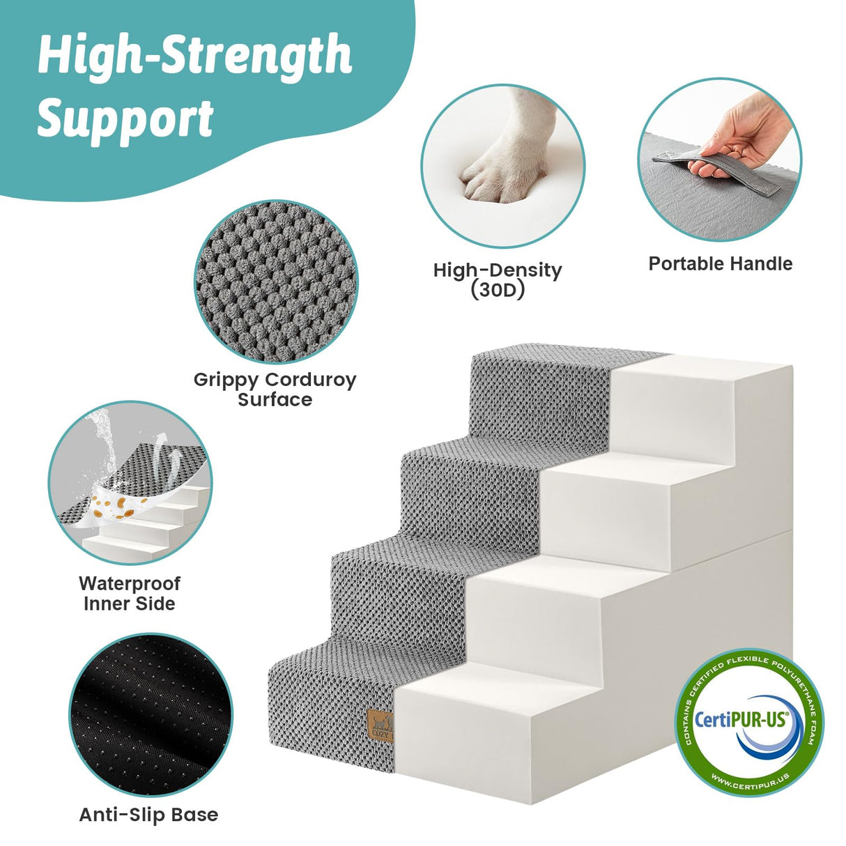 COZY KISS Dog Stairs for Small Dogs, 4 Tier Removable Pet Stairs for Couch and Bed, 17.7" H Dog Steps for Old Cats, Puppy, Small Dogs, 15.7x23.6x17.7 inch, Gray
