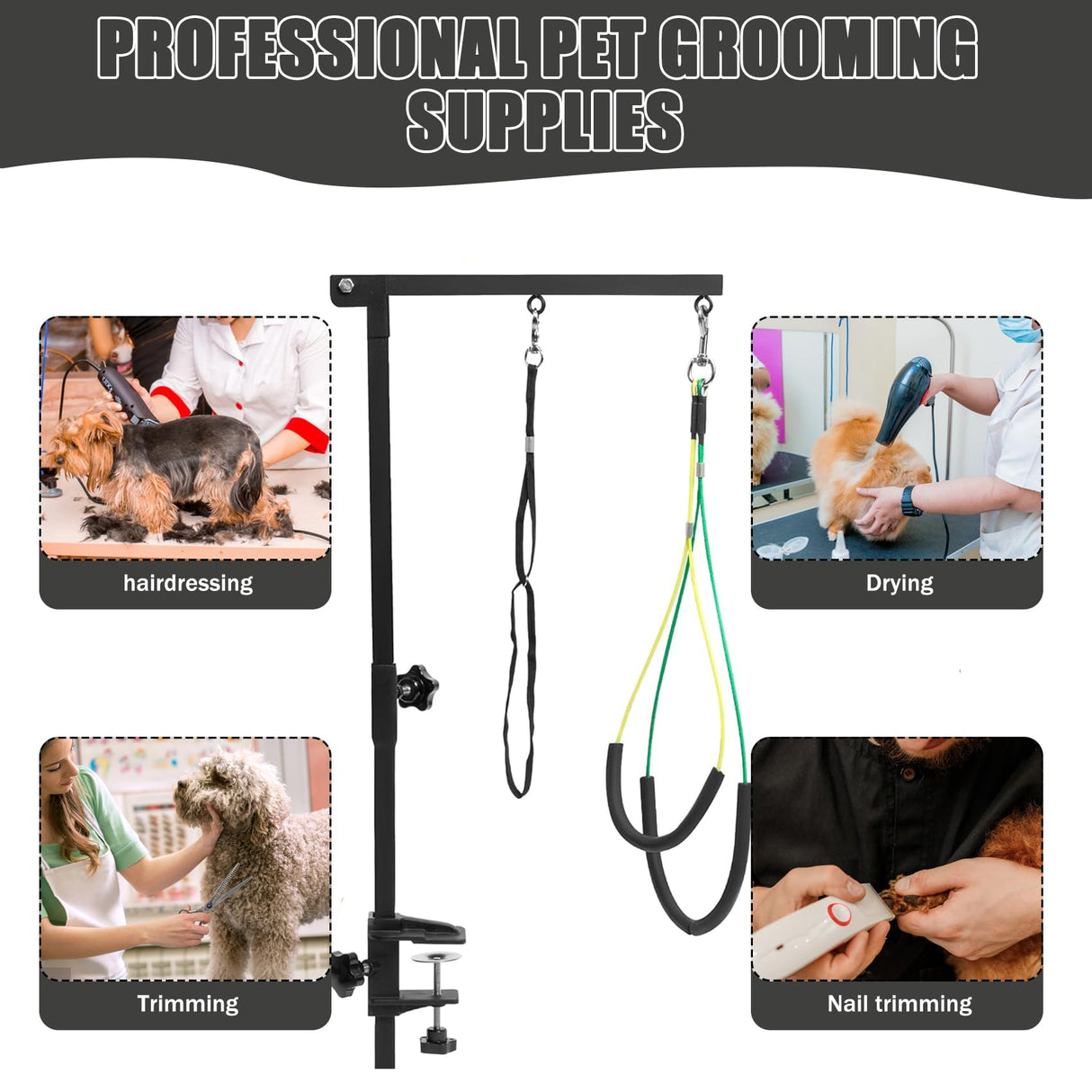 Dog Grooming Table Arm with Metal Clamp,35" Adjustable Portable Arm for Table with 1 Loop Noose & Two No Sit Haunch Holder,Grooming Restraint for Small Medium Pets