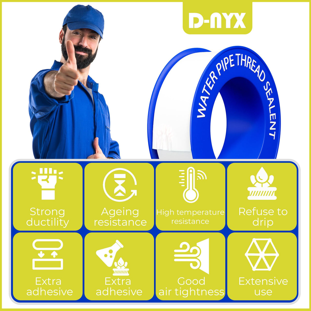 D-NYX 1, 4 or 5 Rolls 1/2 Inch(W) X 520 Inches(L) Teflon Plumbers Tape, Duct Sealant Tape for Shower Head, Plumbing Thread Tap, Water Pipe Sealing Plumbers PTFE Thread Seal (1 Pack)