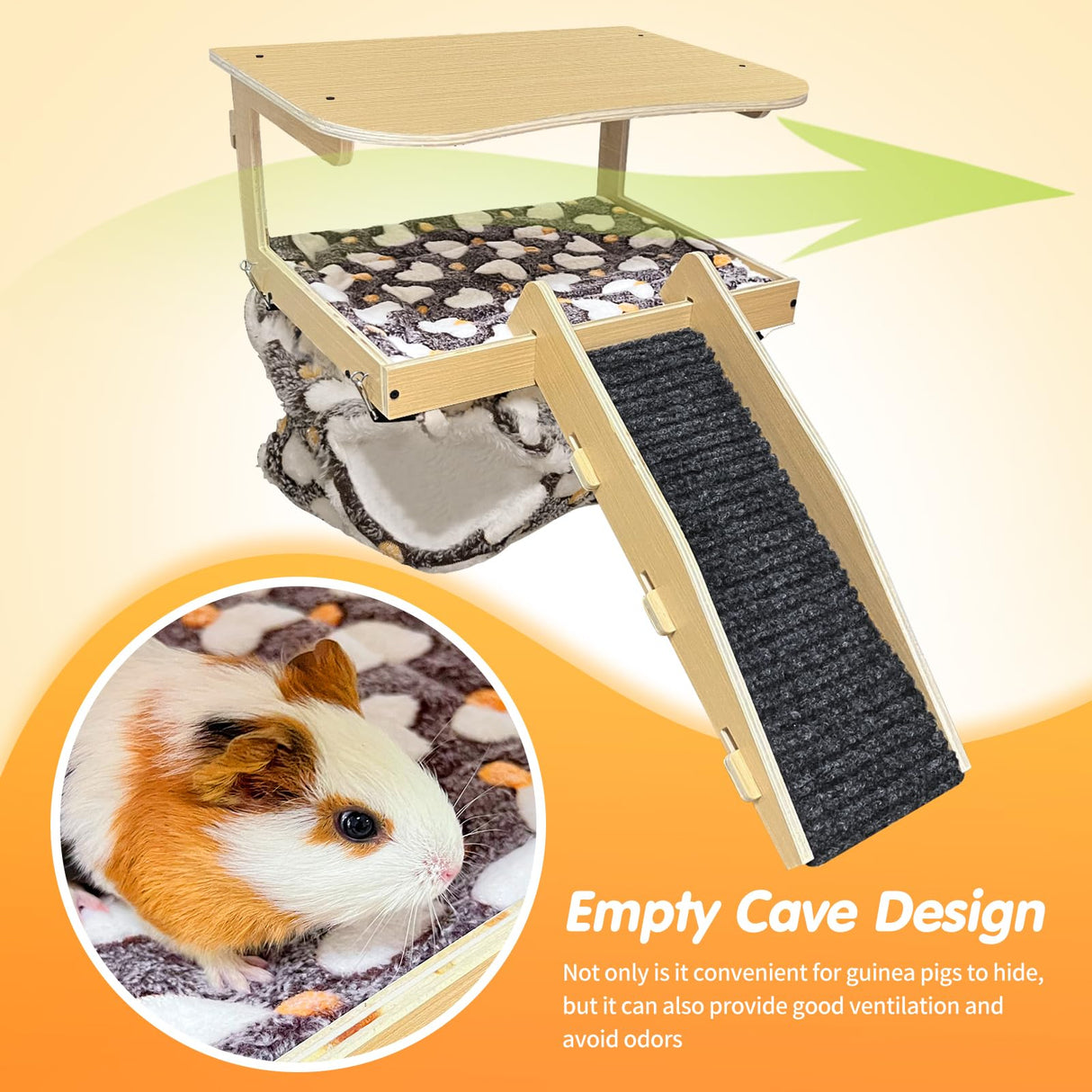 DCIAER Guinea Pig Hideout,Natural Wood Removable Guinea Pig Bed, Small Animal Habitat with Hanging Hammock/Staircase/Cushion, Suitable for Small Animals to Hide, Rest, Play