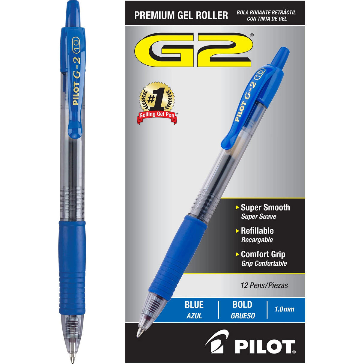 Pilot G2 Premium Gel Roller Pens, Bold Point 1 mm, Blue Ink Pens Bold Point, Pack of 12 - Ideal for School, Journaling, and Office Writing