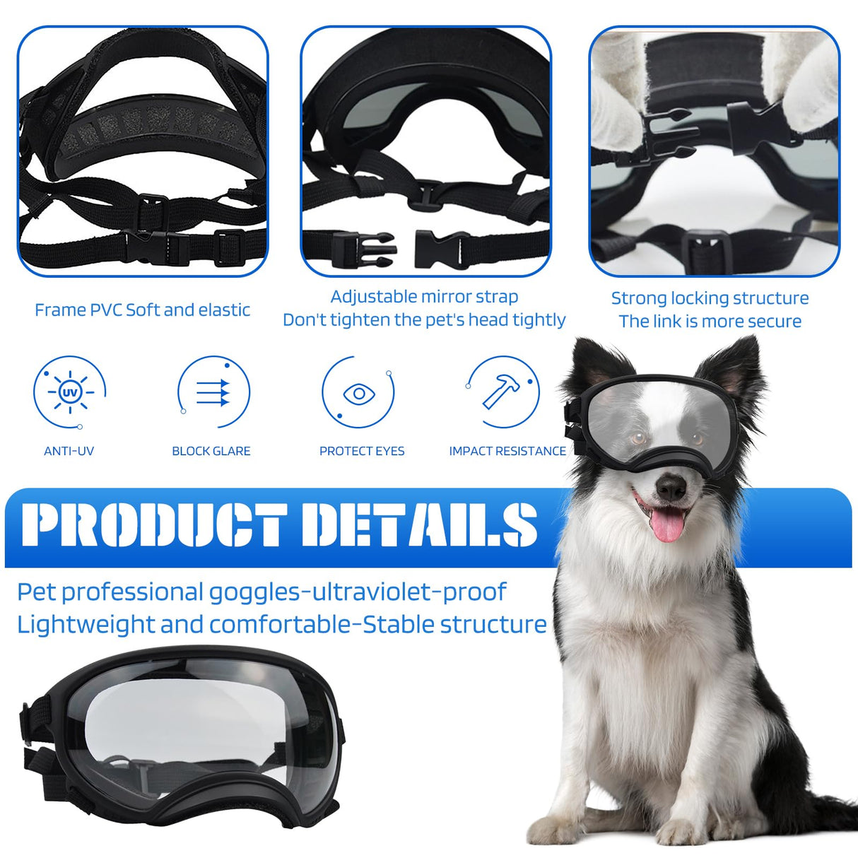 Pacify Dog Goggles for Large Dogs, UV Protection Dog Sunglasses with Adjustable Strap for Medium Large Dog Pet Glasses (Clear)