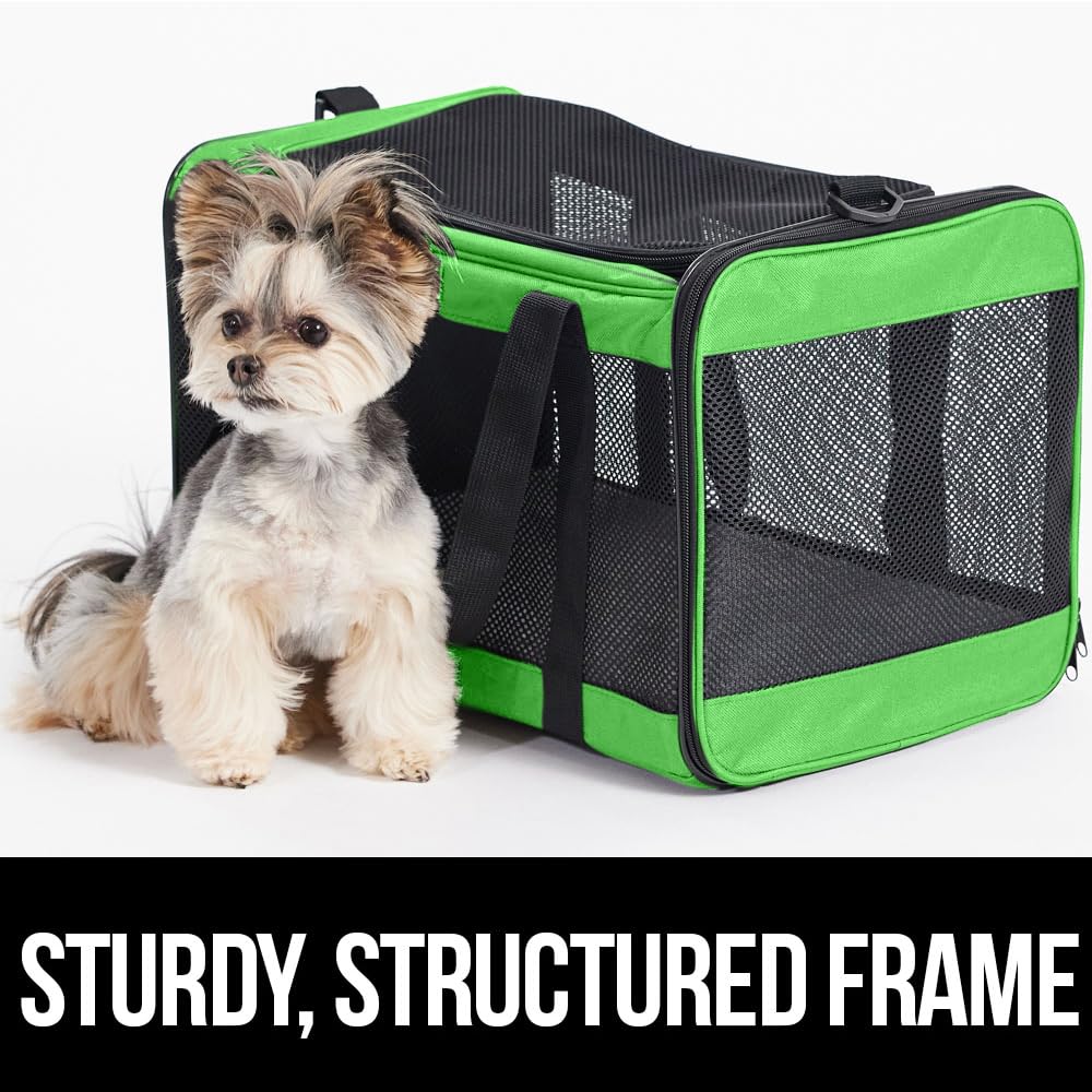 GORILLA GRIP Cat Carrier Travel Bag Up to 15 Lbs, Soft Collapsible Small Dog Carriers, Top and Side Entry Breathable Mesh, Grip Feet on Underside, Cozy Washable Waterproof Pad, Portable Kennel, Green