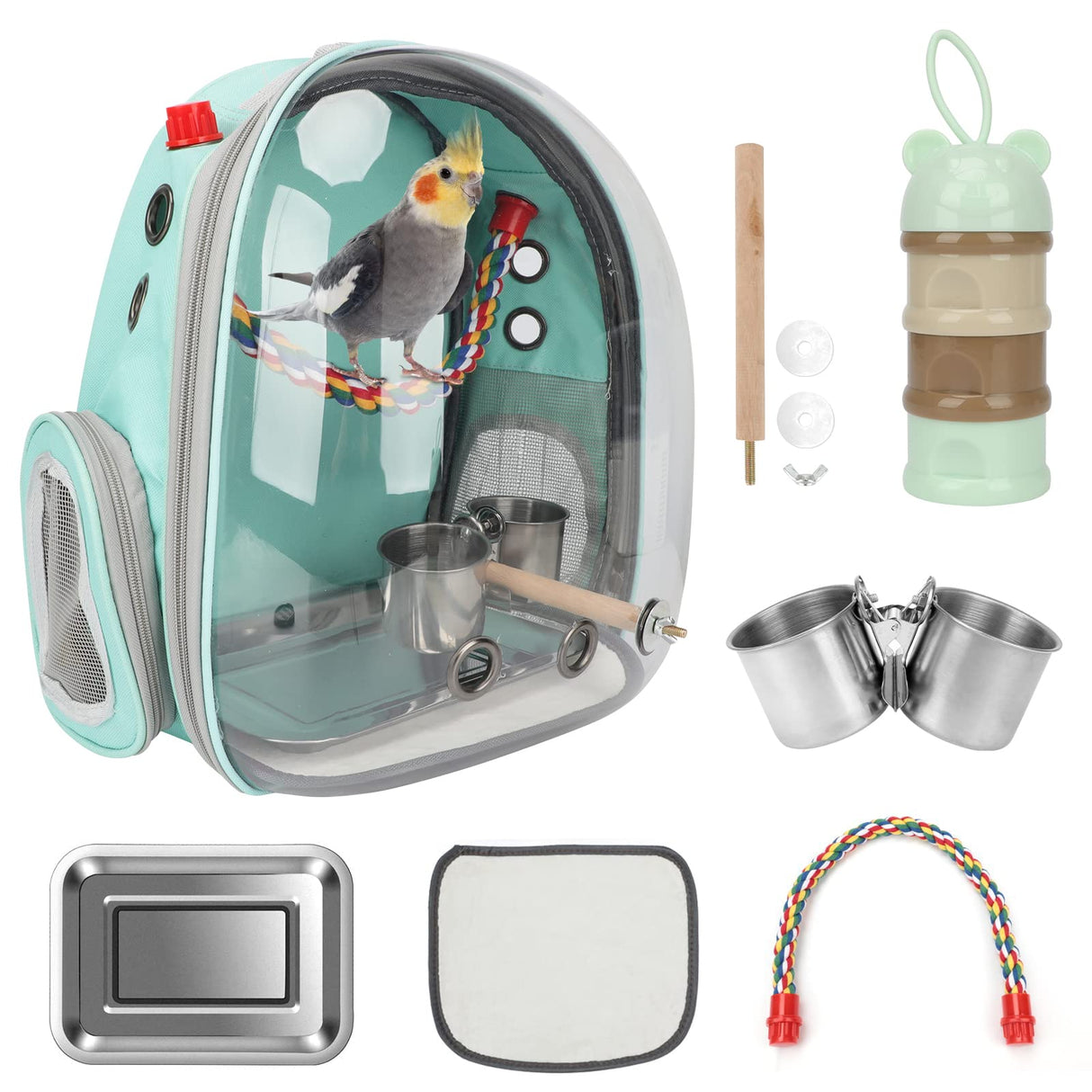 Rypet Bird Carrier Backpack Parrot Portable Breathable Bag Pet Bird Lightweight Travel Cage with Standing Perch and Stainless Steel Tray(Mint Green)