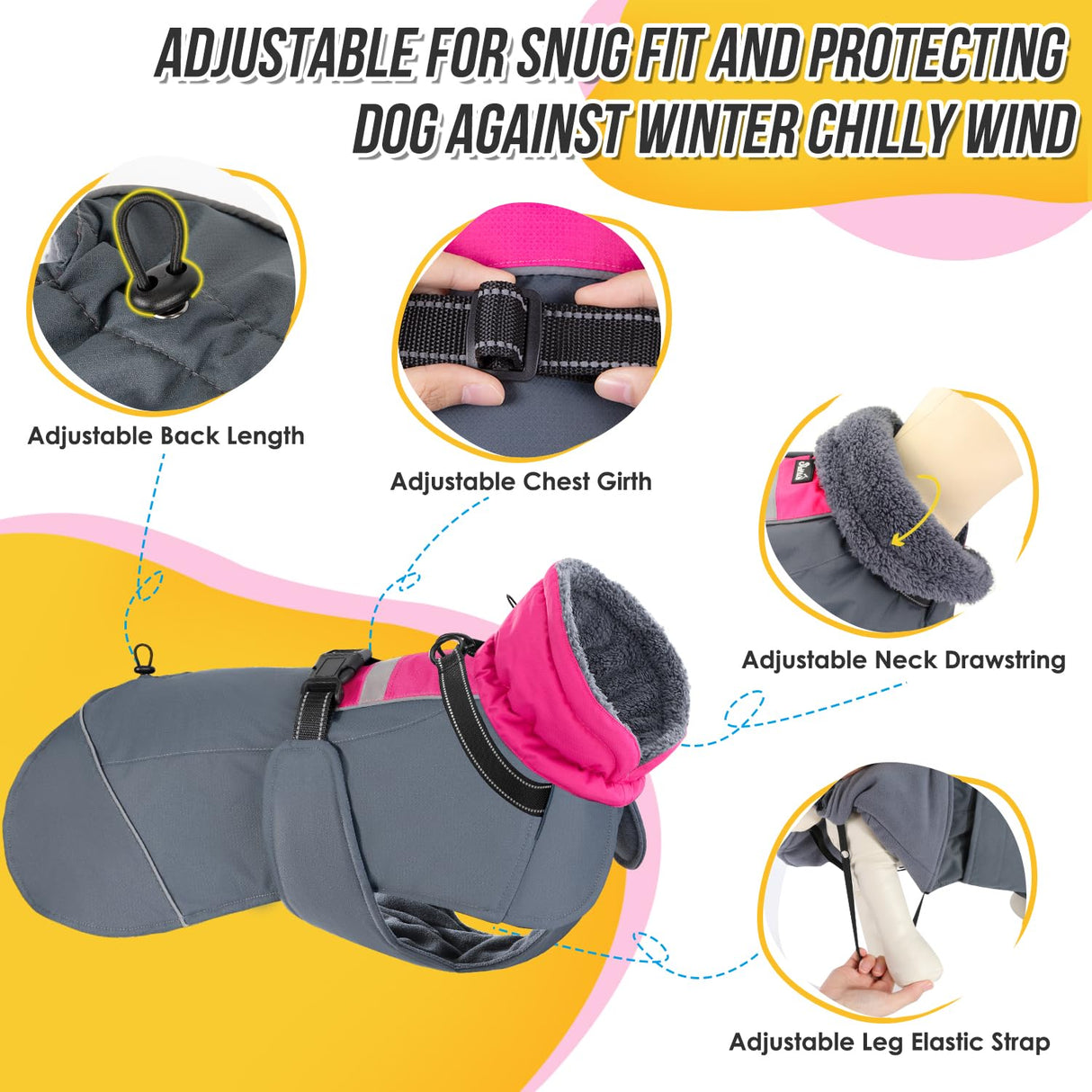 SlowTon Dog Winter Coat, Windproof 3 Layers Thick Warm Fleece Lining Dog Jacket for Cold Weather, Reflective Dogs Apparel with Leash Opening for Medium Large Dogs(Fuchsia,2XL)