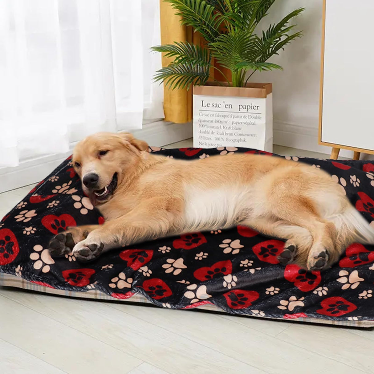 Gowyeg Dog Blankets for Large Dogs, 80"x60" Blanket Washable, Fuzzy Soft Pet Mat Throw Cover for Kennel Crate Bed, Cute Paw Pattern, Cat Blanket, Gifts Medium Small Pet Essentials, Black Red
