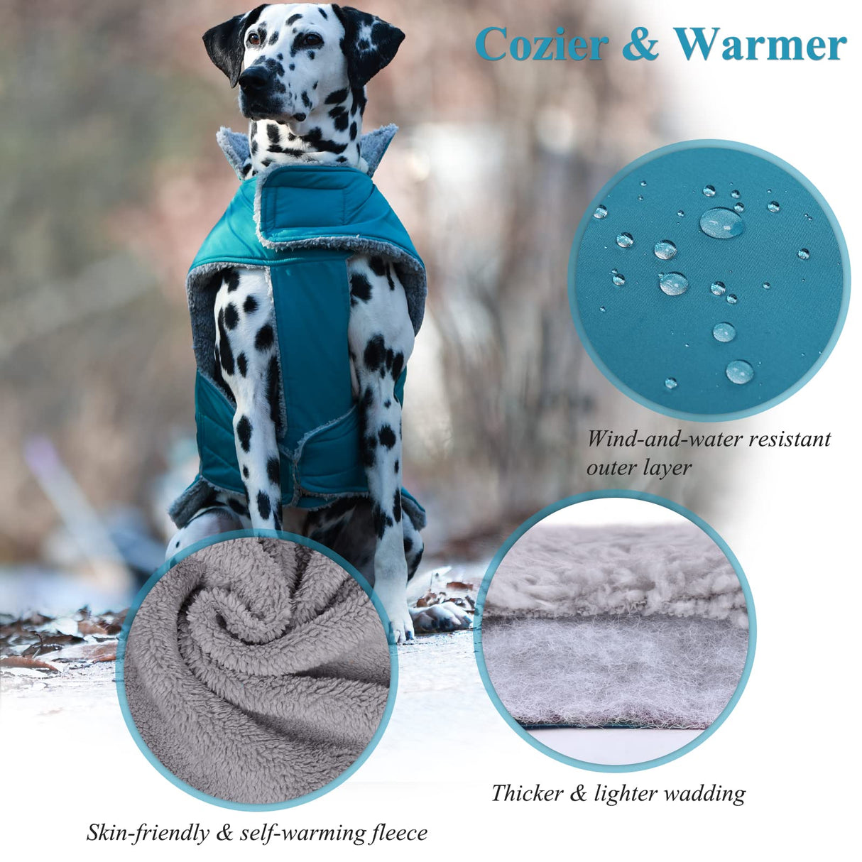 VIVAGLORY Frostfit Dog Coat, Dog Jacket for Winter & Cold Weather, Warm Fluffy Fleece Lined Water Resistant Reflective for Puppy, Coat with Leash Hole, XS, Turquoise