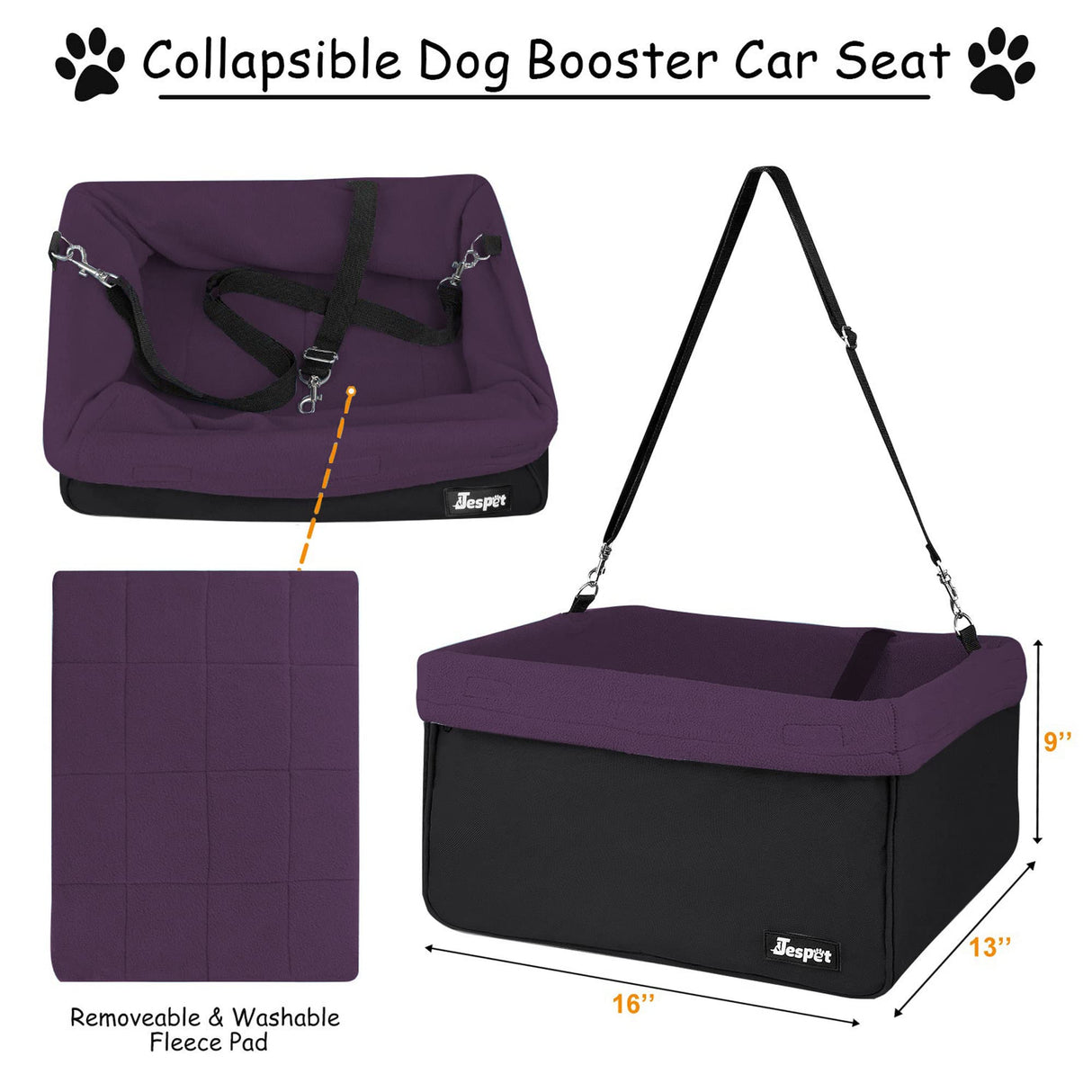 JESPET & GOOPAWS Dog Booster Seats for Cars, Portable Dog Car Seat Travel Carrier with Seat Belt for 24lbs Pets (Purple-16 L x 13" D x 9" H)