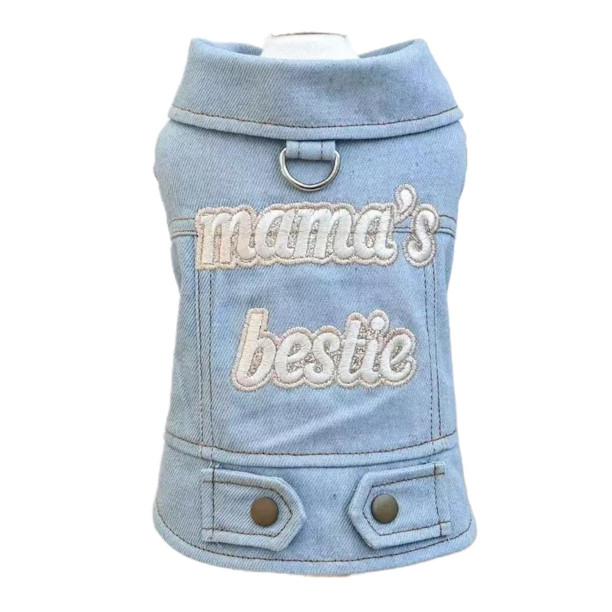 PalmPurr Light Blue Denim Dog Vest for Small Dogs & Cats, “Mama’s Bestie” Embroidered Jean Jacket with D-Ring, Soft Lightweight Pet Outfit for Walks, Parties & Daily Wear(L)