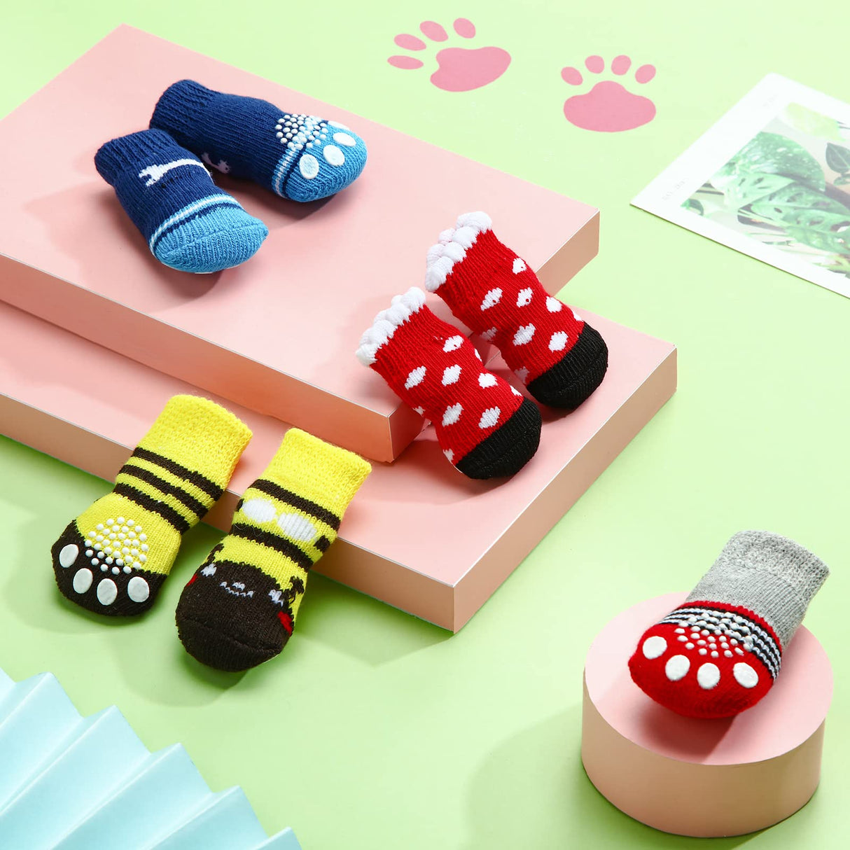 Sadnyy 24 Pcs Non Slip Dog Socks for Small Medium Large Puppy Pet, 6 Styles Dog Booties Paw Covers with Grips Paw Protectors for Hot Pavement Hardwood Floors Prevents Scratching Licking Wound(Medium)