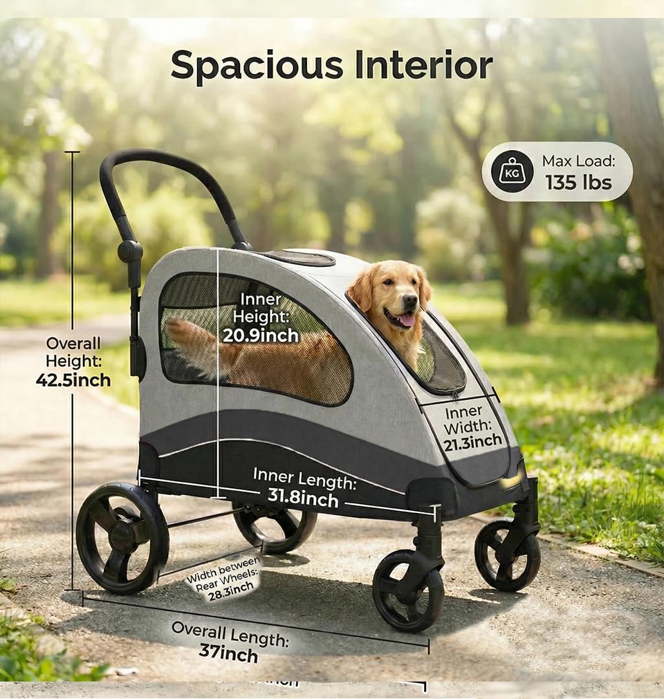 Garvee Extra Large Dog Stroller with Steel Pipe Frame, Wheels, Brakes, Shock Absorption, Foldable Design - Black