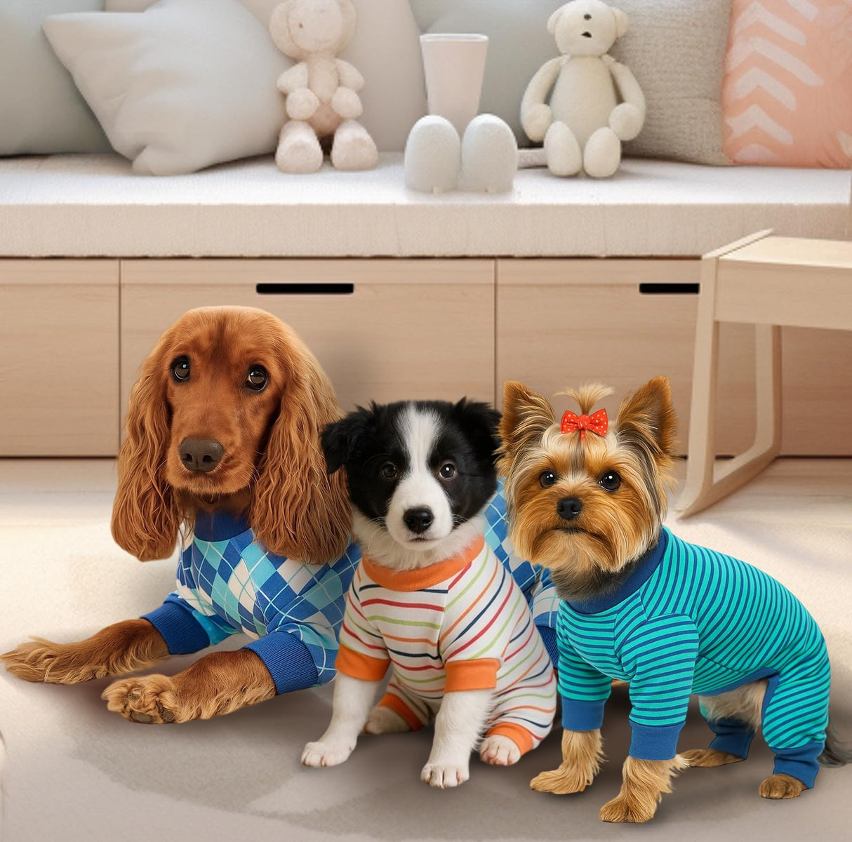 3 Pack Dog Pajamas Dog Onesie for Small Dogs, Lightweight Puppy PJs with Easy Snap Belly, Tail Opening Striped Checkered Sleepwear M