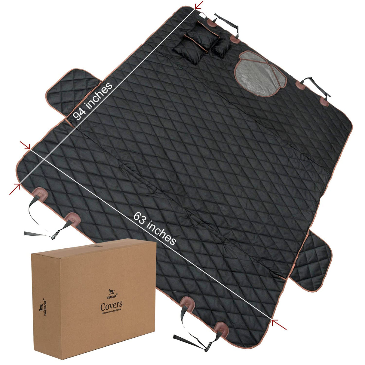 Tapiona XXL (63”Wx94”L) Brown Trim with Mesh Window Back Seat Cover for Cars, Trucks & SUVs - Heavy Duty, Washable + Pet Travel Bowl
