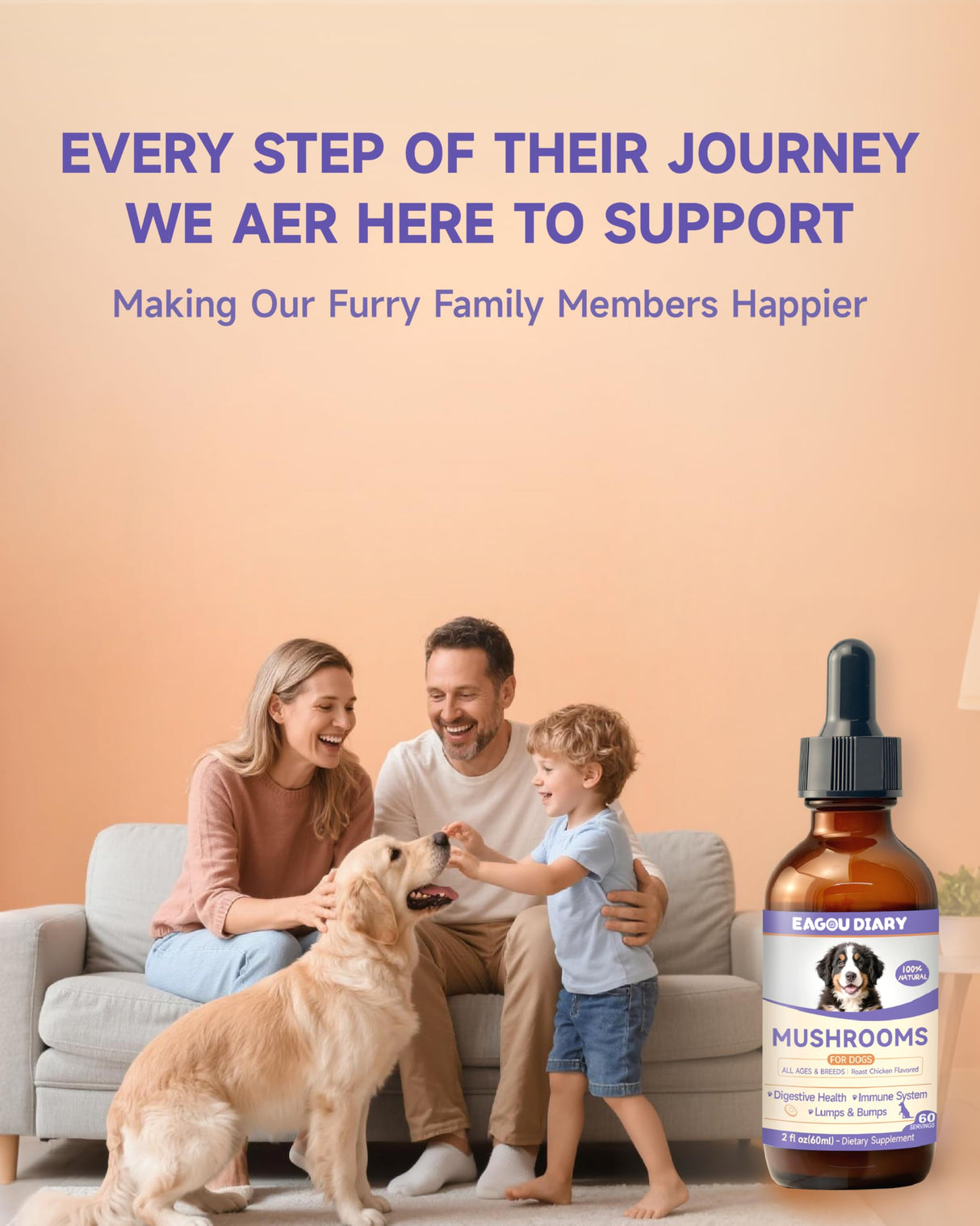 Mushroom for Dogs - with Turkey Tail Mushroom for Dogs, Lion’s Mane, Shiitake, Supports Joint & Gut Health, Enhances Energy, Lumps & Bumps Supplement,Organic Mushrooms Supplement for Dog, 60ml Drop