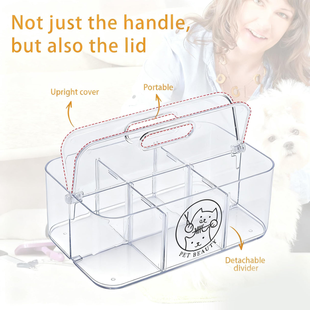 Brabtod Clear Dog Storage Organizer,Pet Grooming Supplies Organizer with Handle,5 compartments Countertop Caddy, Storage Bin for Dog Cat Grooming Kit,Trimmer,Clipper,Combo,Brush