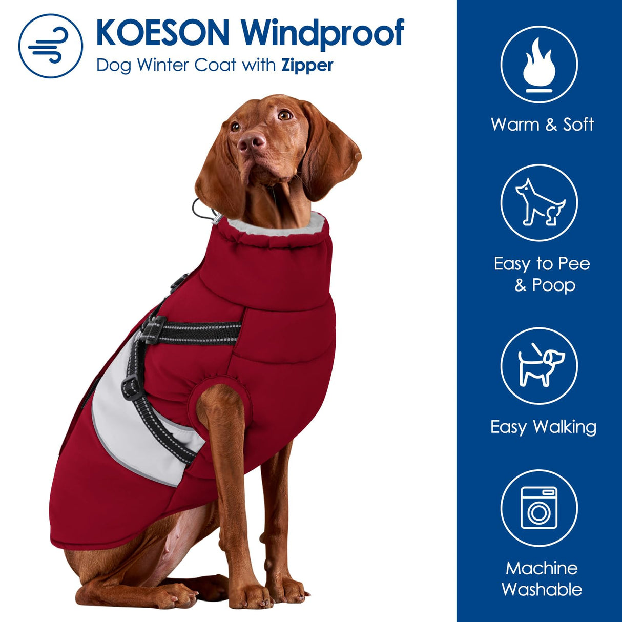 KOESON Dog Coat, Warm Dog Winter Coat for Giant Breeds, Waterproof Dogs Jacket with Harness, Reflective Pet Fleece Lined Puffer Jacket, Turtleneck & Windproof Coats for Great Dane, Golden Retriever