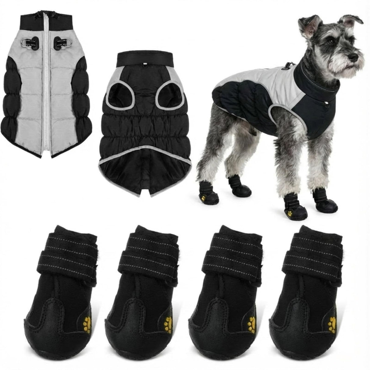 Thinkday Dog Coat and Boots Set for Weighing 23-35lbs, Waterproof Winter Jacket Paw Protectors with Harness Leash Hole, Reflective Vest, Snowsuit Coats, Rugged Anti Slip Dog Shoes Cold(Black, L)