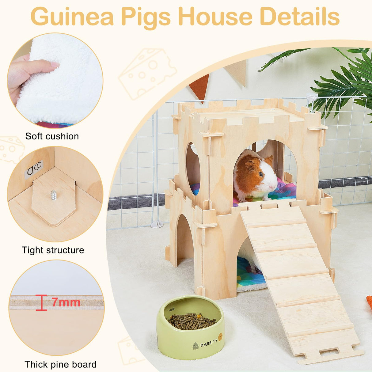 Guinea Pig Hideout, Guinea Pigs House with Stairs and Mats Extra Large Guinea Piggy Castle Detachable Hideouts for Small Animals Wooden Guinea Pig Habitats with Multiple Doors and Windows