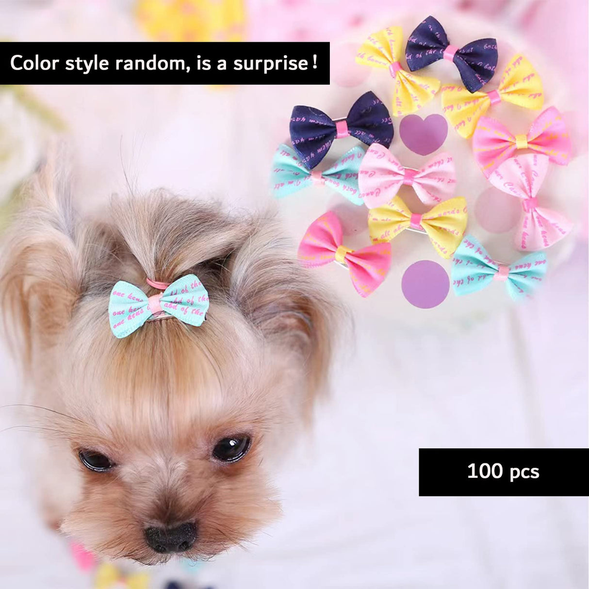Dog Hair Bows, Random Mix Rubber Bands Metal Clips Styles Dog Bows with Rhinestone Pearls Flowers Topknot Mix Styles for Puppy Small Pets(Random 100 pcs)