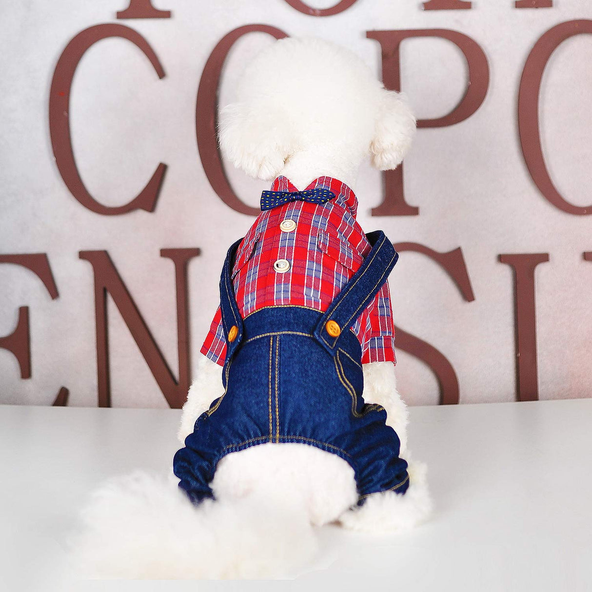SMALLLEE_LUCKY_STORE Pet Clothes Costume Puppy Denim Overalls for Small Medium Dogs Cats Boys Bowtie Plaid Shirt Jeans Pants Outfits Chihuahua One Piece Jumpsuit,Red S