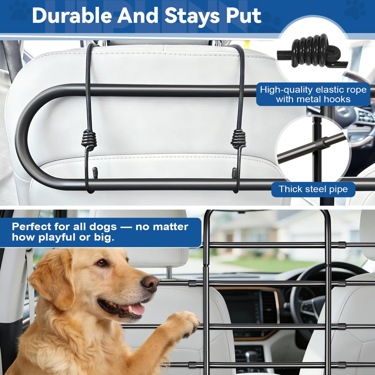 Hlplenn Adjustable Metal Dog Car Barrier, Universal Pet Divider with Steel Frame for SUV Truck Sedan & MPV, Car Dog Barrier & Back Seat Cargo Gate, Movable Panel Fits Seat Recline