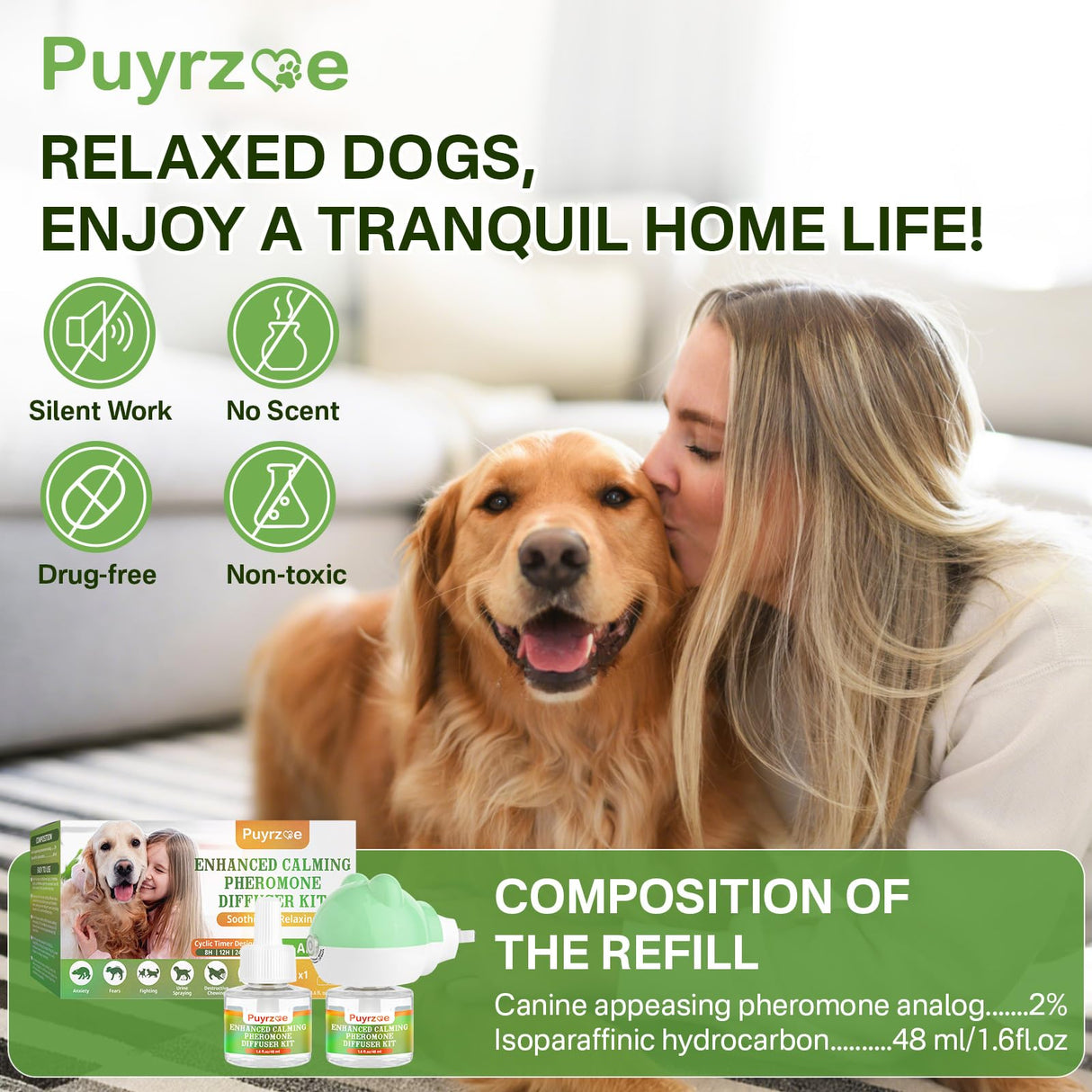 puyrzoe Dog Calming Diffuser with Timing Functions, 3-in-1 Dog Anxiety Relief Diffuser Kit, 120-Day Anxiety Relief, Stress Relaxation Pheromones Calming for All Dogs (1 Diffusers + 2 Refills)