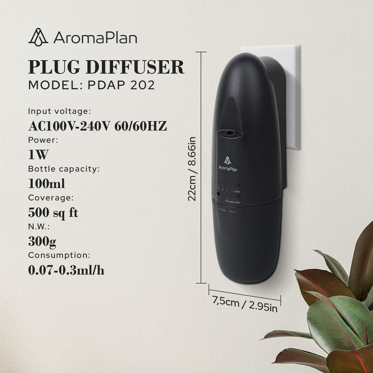 AROMAPLAN Portable Diffuser - 2 Pack - Up to 500 Sq. FT Coverage - Nanotechnology Plug in Oil Diffuser for Essential Oils -for Home and Office - Wall Silent & Waterless Oil Diffuser (Black)