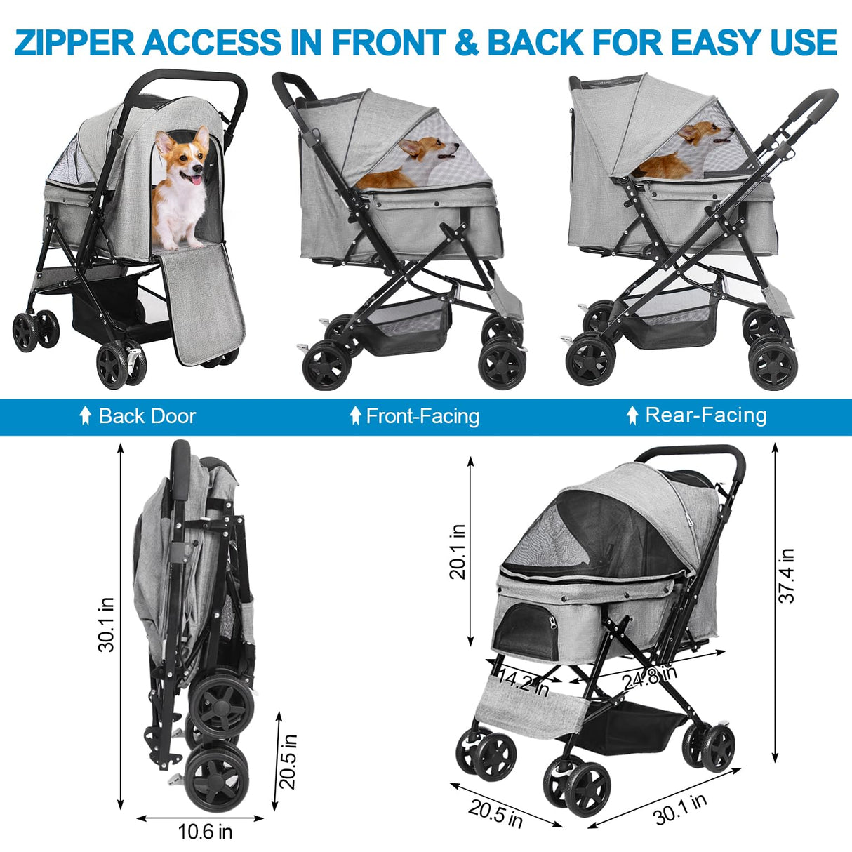 LPOTIUS Lightweight Dog Stroller with Reversible Handle for Medium Small Dogs and Cats, Foldable Pet Stroller Travel Carriage with Large Storage Basket, 4 Wheels, Linen Gray