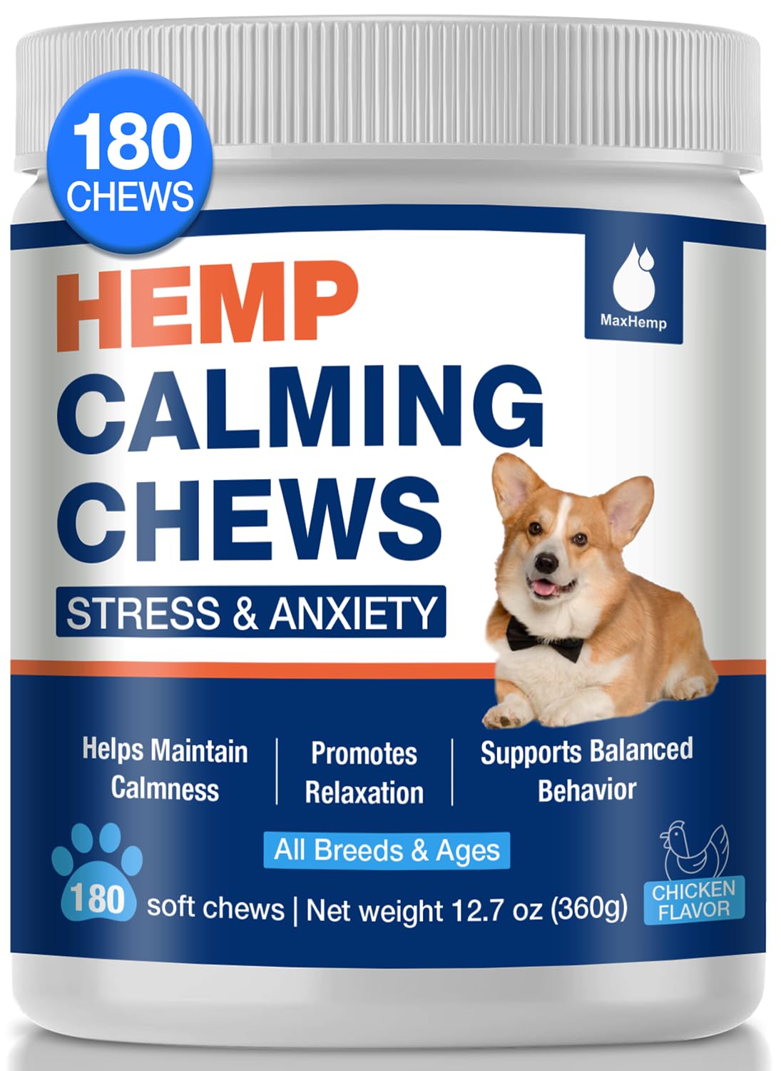 MaxHemp Calming Chews for Dogs - Advanced Hemp Dog Calming Chews- Anxiety Relief Treats for Composure, Separation, Barking, Thunderstorms, Stress Relief - Hiр and Jоint Supplement -180 Soft Treats