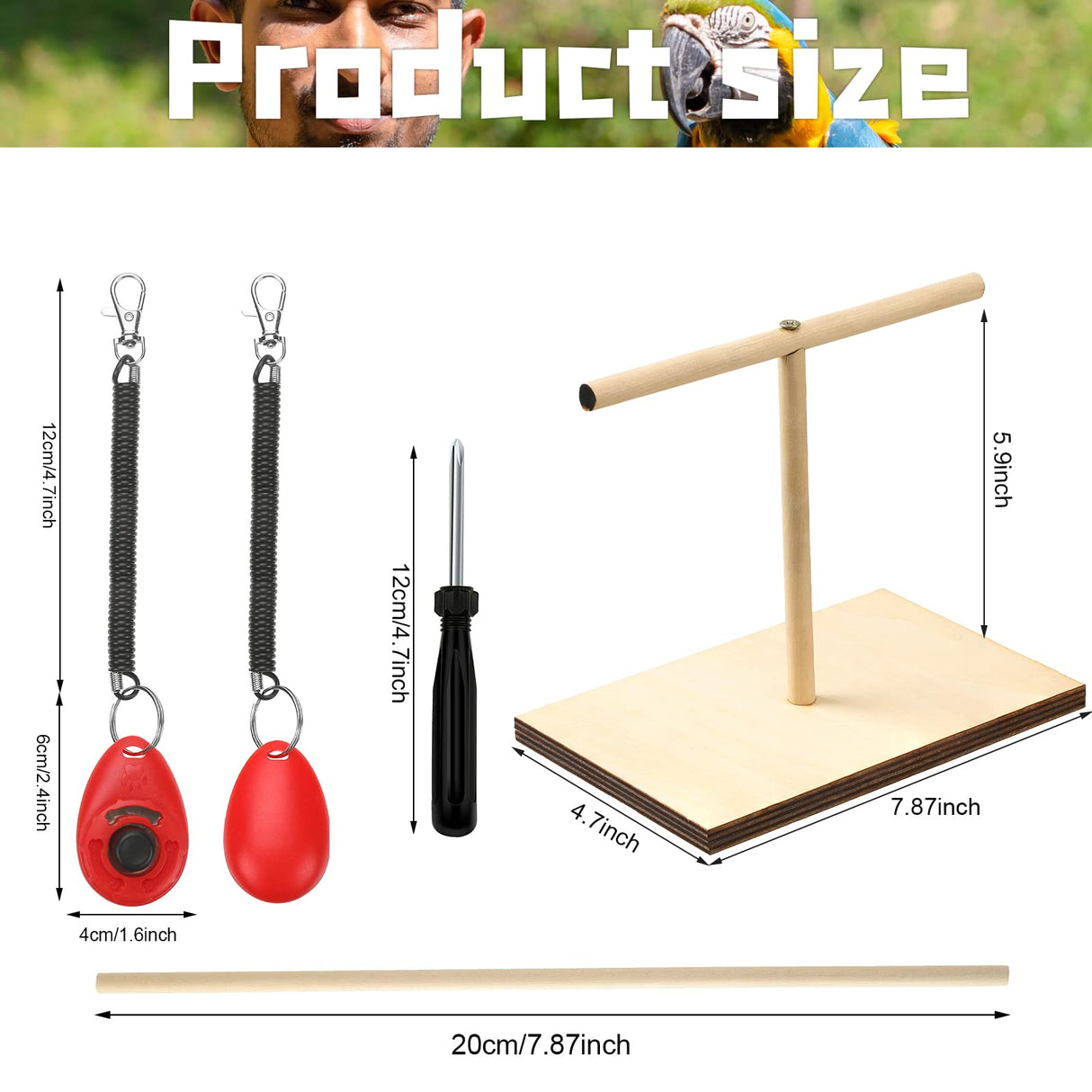 Cunno 3 Pcs Bird Training Stand Kit, Parrot Training Clicker Portable Tabletop Bird Perch and Target Stick, Wooden Spin Perch Clickers with Wrist Strap for Parakeet Conure Lovebird Cockatiel