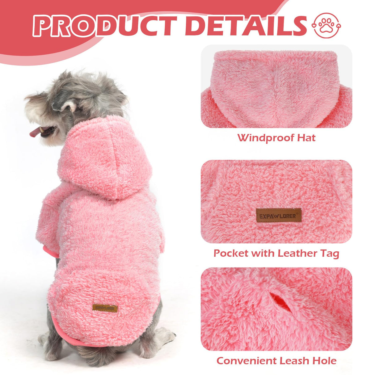 EXPAWLORER Fuzzy Dog Sweaters, Double-Sided Plush Fleece Soft Doggie Hoodie with Leash Hole, Pet Cold Weather Clothes Winter Coat, Sherpa Hooded Sweatshirt for Small Medium Large Dogs(Pink XL)