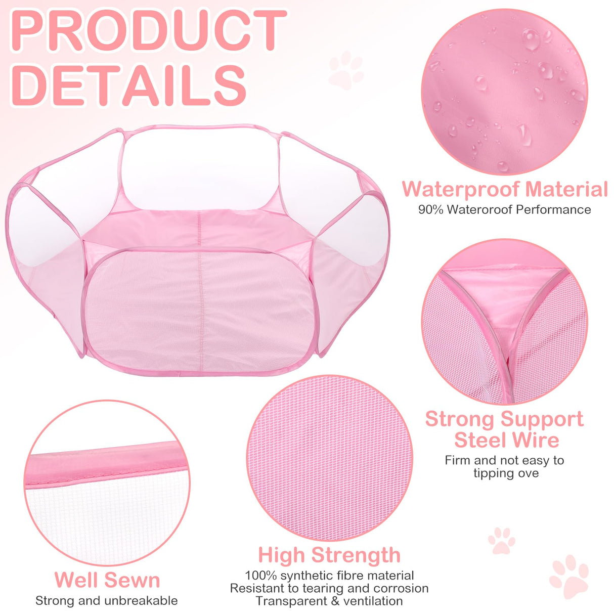VitalCozy Hamster Playpen with Mat Small Animal Cage Tent Breathable Transparent Guinea Pig Playpen Waterproof Portable Yard Fence Mat Foldable Exercise Playpen Outdoor Indoor (Pink,Star)
