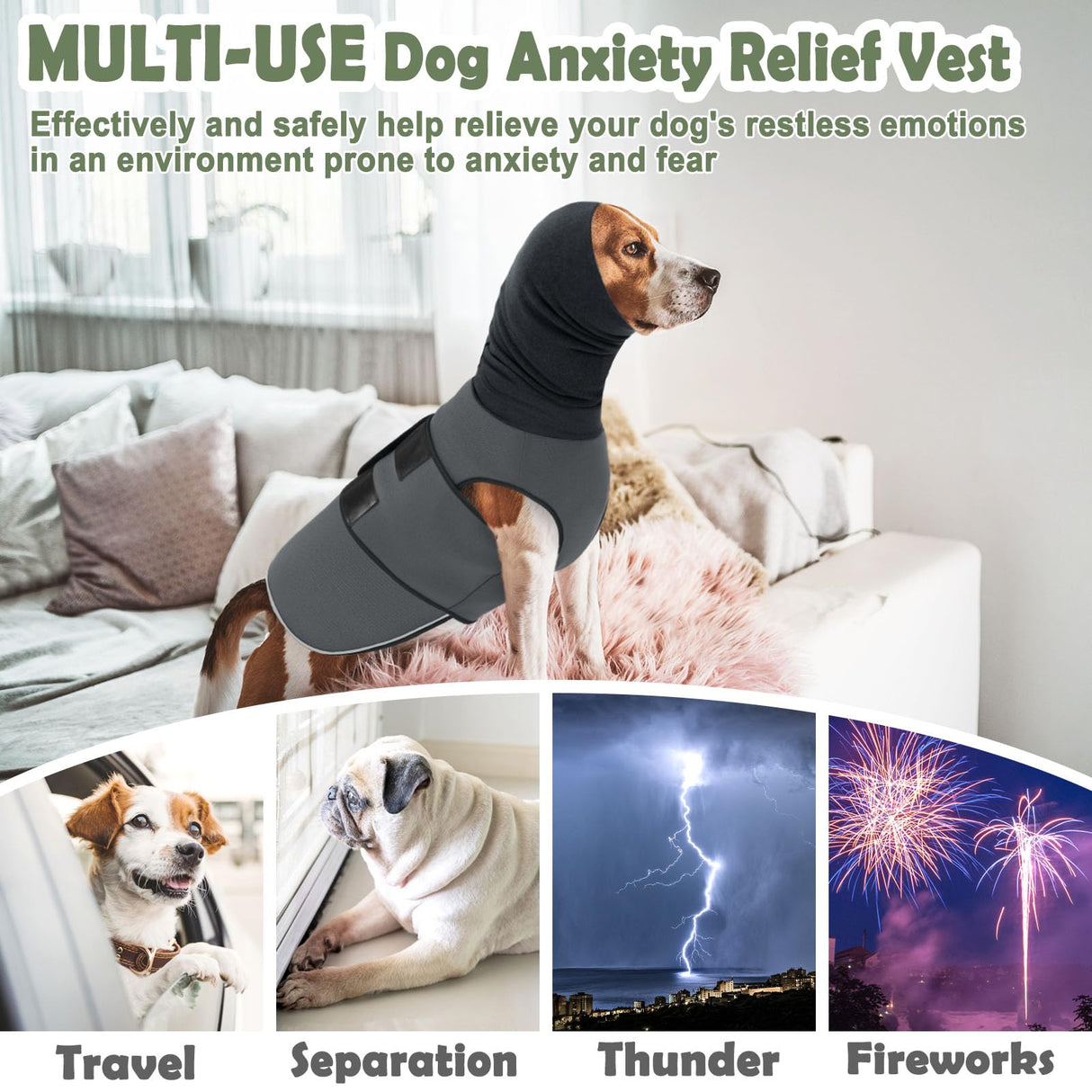 KOESON Dog Calming Hoodie, Pet Thunder Jacket with Ear Wrap, Breathable Dog Anti-Anxiety Vest for Thunder, Fireworks, Travel, Separation, Comfort Pet Anxiety Relief Wrap, Grey M