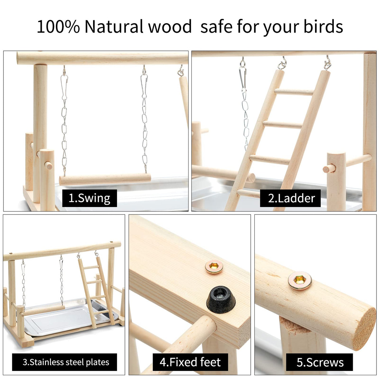FrgKbTm Natural Wood Bird Playground Parrot Perch Playstand Play Gym Stand Playpen Perches Ladder Swing Platform with Toys Exercise Playgym for Luonfels,Budgie,Cockatiels,Conures,Parakeets,Lovebird