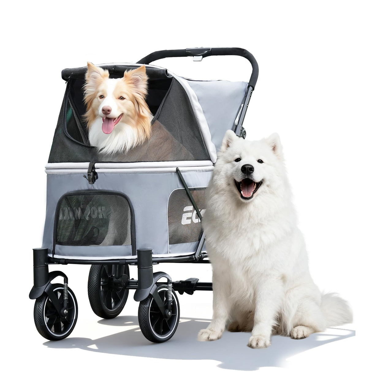 EchoSmile Dog Stroller for Large Dogs, 135lbs Weight Extra Large Pet Stroller, 4 Wheels Cats & Dogs Carrier with Brakes, Breathable Mesh Windows & Pocket, Gray