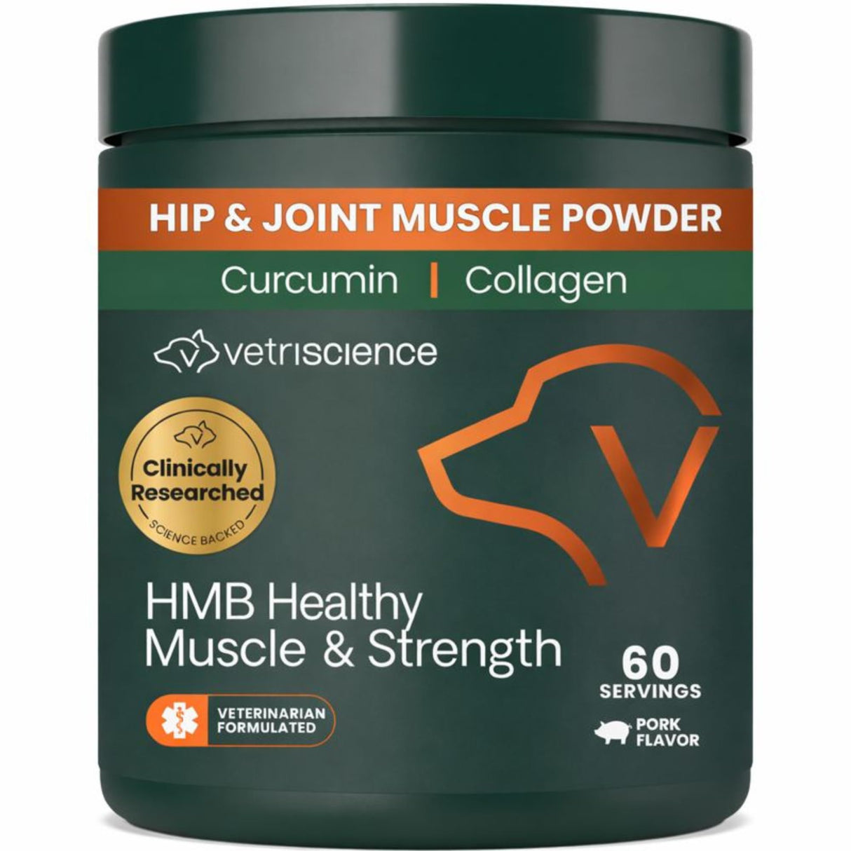 VetriScience HMB Healthy Muscle & Strength Supplement for Dogs, Mobility Support & Muscle Builder with Collagen, Calcium, Vitamin D & Curcumin, Powder, Pork, 8.47 oz - New Look