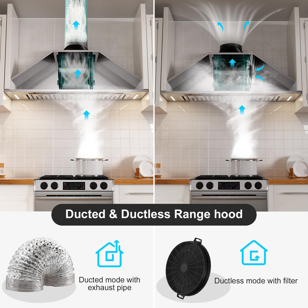 BRANO Range Hood Insert 36 Inch, 900 CFM Smart Voice/Gesture/Touch Control, 4 Speed Exhaust Fan, Stainless Steel Kitchen Hood with Charcoal Filter, Ducted/Ductless Convertible