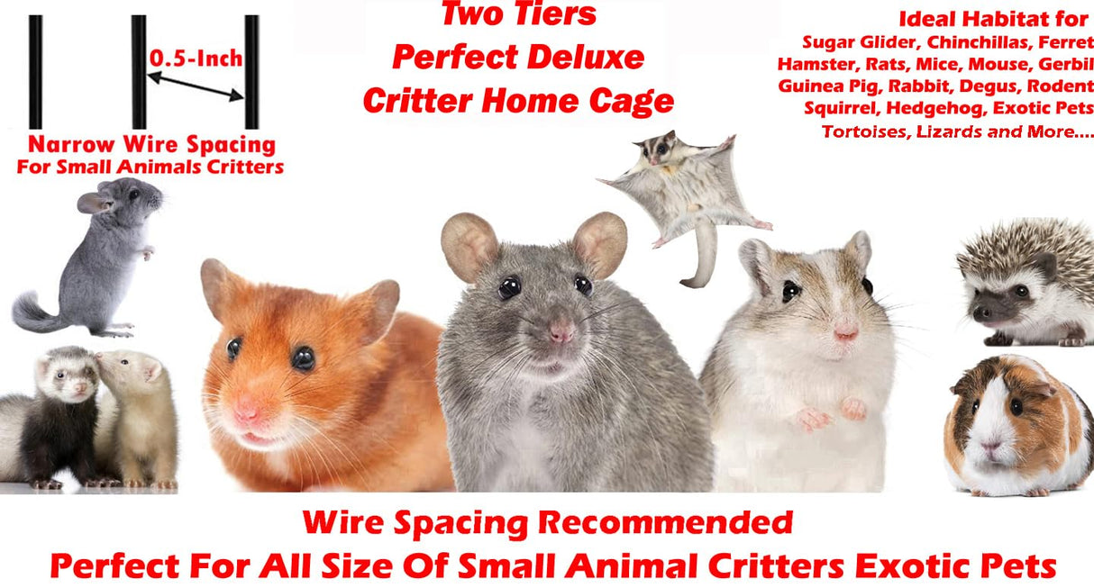 Deluxe Two Tiers Small Animal Critter Cage Tight 1/2-Inch Bar Spacing Water Bottle Food Bowl Feisty Ferret Hammock Chinchilla Rat Mice Squirrel Rabbit Sugar Glider Easy Clean Pull Out Grate Tray