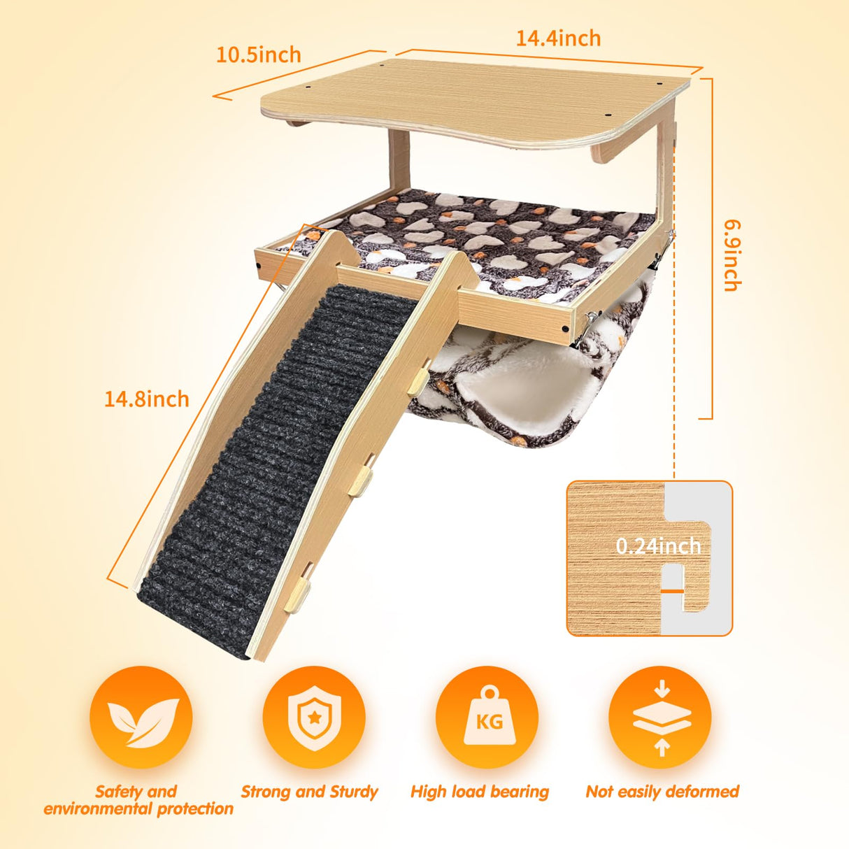 DCIAER Guinea Pig Hideout,Natural Wood Removable Guinea Pig Bed, Small Animal Habitat with Hanging Hammock/Staircase/Cushion, Suitable for Small Animals to Hide, Rest, Play