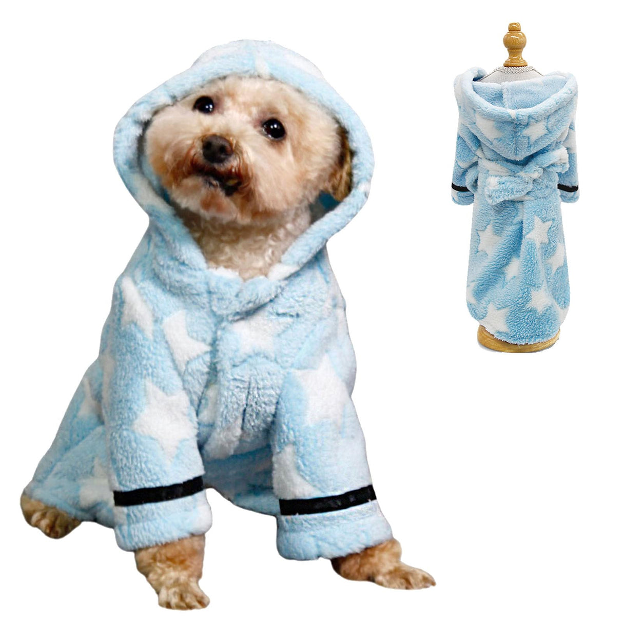 Small Dog Bathing Towel, Adjustable Dog Bath Robe for Cold Weather, Puppy Pajamas Warm Flannel Dogs Pjs, Pet Coats for Small Dogs Blue Stars M