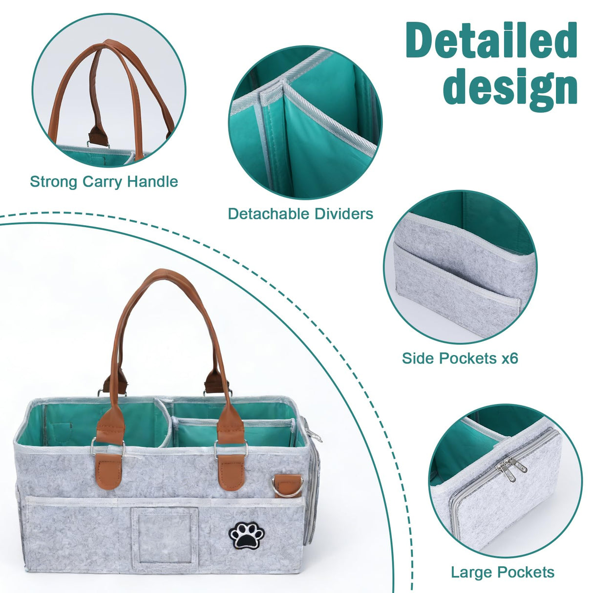 Brabtod Felt Dog Grooming Bag, Pet Portable Tote Bag with Handle, Dogs Storage Organizer, 3 Compartments Caddy with 8 Pockets, Ideal for Dog Cat Grooming Tool Kit/Diaper/Blanket/Pads-Gray