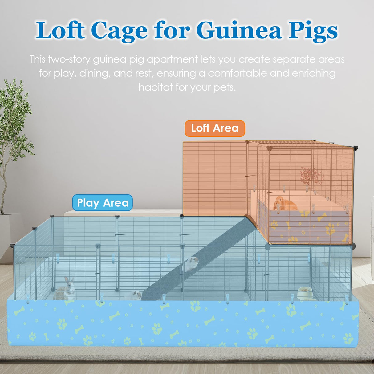 MODESLAB 2-Story Guinea Pig Cages with Tarp, Large C&C Loft Cage for Rabbit Bunny Puppy Small Animal Indoor Dog Playpen Pet Exercise Enclosure, 25 Panels