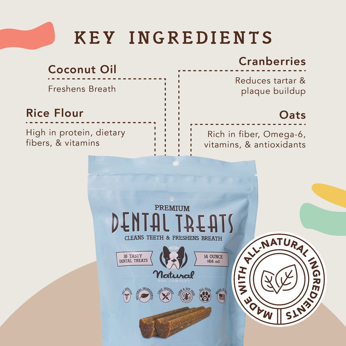 Natural Dog Company Dental Chews for Dogs – Freshens Breath & Helps Reduce Plaque & Tartar, Natural No-Brushing Oral Care Treats, Vet Formulated, Made in USA, 18 Count